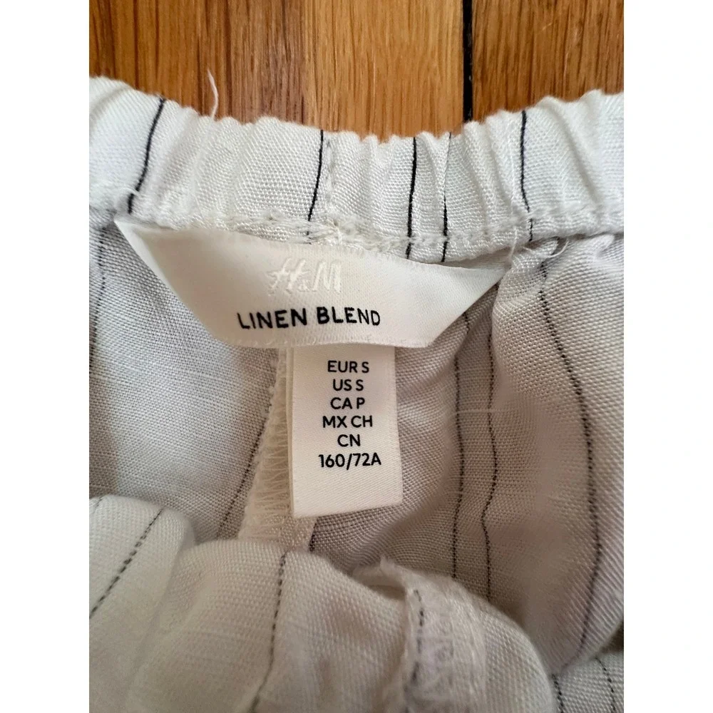 H&M Women White Striped Linen Blend Wide Leg Drawstring Pants Size S